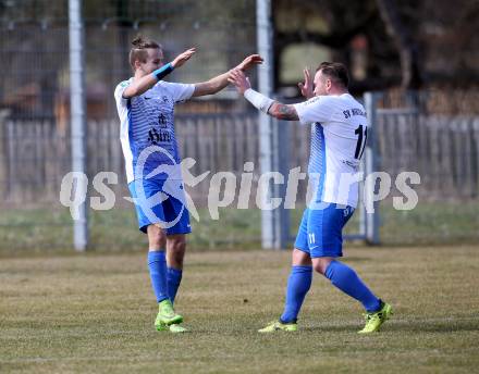 Fussball. Kaerntner Liga. Kraig gegen St. Jakob/Ros.. Torjubel Georg Pirker,  Marco Messner (Kraig). Kraig, 31.3.2018.
Foto: Kuess
---
pressefotos, pressefotografie, kuess, qs, qspictures, sport, bild, bilder, bilddatenbank