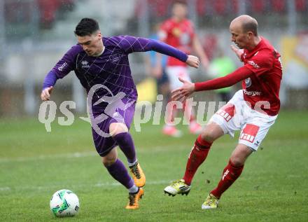 Fussball. Regionalliga. SK Austria Klagenfurt gegen Union Raiffeisen Gurten. Tadej Zagar-Knez, (SK Austria Klagenfurt), Zoltan Toth   (Union Raiffeisen Gurten). Klagenfurt, 31.3.2018.
Foto: Kuess
---
pressefotos, pressefotografie, kuess, qs, qspictures, sport, bild, bilder, bilddatenbank