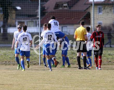 Fussball. Kaerntner Liga. Kraig gegen St. Jakob/Ros.. Torjubel  (Kraig). Kraig, 31.3.2018.
Foto: Kuess
---
pressefotos, pressefotografie, kuess, qs, qspictures, sport, bild, bilder, bilddatenbank