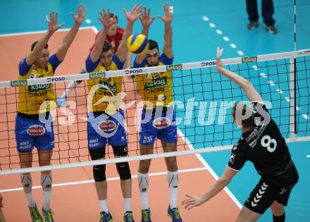 DenizBank AG Volley League Men. Volleyball. SK Posojilnica Aich/Dob gegen SG Union Raiffeisen Waldviertel. David Michel, Mario Koncilja, Lukasz Wiese  (Aich/Dob),  Matiss Gabdullins (Waldviertel). Bleiburg, am 4.4.2018.
Foto: Kuess
---
pressefotos, pressefotografie, kuess, qs, qspictures, sport, bild, bilder, bilddatenbank