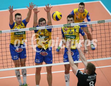 DenizBank AG Volley League Men. Volleyball. SK Posojilnica Aich/Dob gegen SG Union Raiffeisen Waldviertel. David Michel, Michal Hruska, Lukasz Wiese,  (Aich/Dob), Matiss Gabdullins (Waldviertel). Bleiburg, am 4.4.2018.
Foto: Kuess
---
pressefotos, pressefotografie, kuess, qs, qspictures, sport, bild, bilder, bilddatenbank