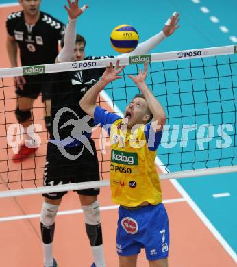 DenizBank AG Volley League Men. Volleyball. SK Posojilnica Aich/Dob gegen SG Union Raiffeisen Waldviertel. Kasper Vuorinen, (Aich/Dob),  Joao Oliveira (Waldviertel). Bleiburg, am 4.4.2018.
Foto: Kuess
---
pressefotos, pressefotografie, kuess, qs, qspictures, sport, bild, bilder, bilddatenbank