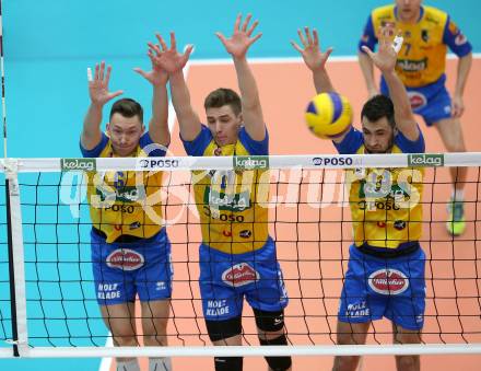 DenizBank AG Volley League Men. Volleyball. SK Posojilnica Aich/Dob gegen SG Union Raiffeisen Waldviertel. David Michel, Mario Koncilja, Lukasz Wiese (Aich/Dob). Bleiburg, am 4.4.2018.
Foto: Kuess
---
pressefotos, pressefotografie, kuess, qs, qspictures, sport, bild, bilder, bilddatenbank