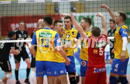 DenizBank AG Volley League Men. Volleyball. SK Posojilnica Aich/Dob gegen SG Union Raiffeisen Waldviertel.  Jubel (Aich/Dob). Bleiburg, am 4.4.2018.
Foto: Kuess
---
pressefotos, pressefotografie, kuess, qs, qspictures, sport, bild, bilder, bilddatenbank