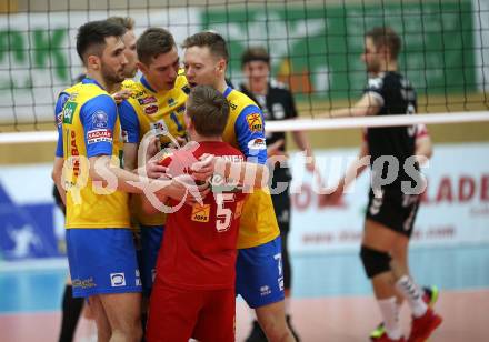 DenizBank AG Volley League Men. Volleyball. SK Posojilnica Aich/Dob gegen SG Union Raiffeisen Waldviertel.  Jubel (Aich/Dob). Bleiburg, am 4.4.2018.
Foto: Kuess
---
pressefotos, pressefotografie, kuess, qs, qspictures, sport, bild, bilder, bilddatenbank