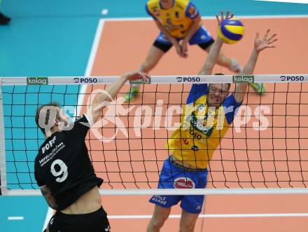 DenizBank AG Volley League Men. Volleyball. SK Posojilnica Aich/Dob gegen SG Union Raiffeisen Waldviertel.  Kasper Vuorinen,  (Aich/Dob),  Rudinei Boff (Waldviertel). Bleiburg, am 4.4.2018.
Foto: Kuess
---
pressefotos, pressefotografie, kuess, qs, qspictures, sport, bild, bilder, bilddatenbank