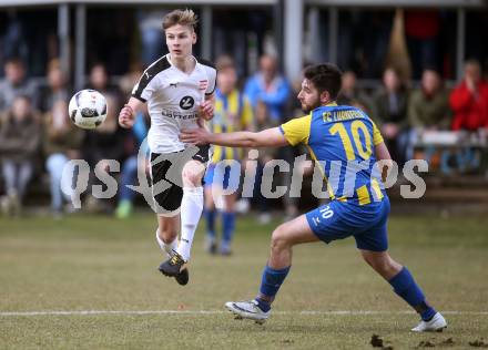 Fussball 2. Klasse A. Lurnfeld gegen Muehldorf. Manuel Wernig,  (Lurnfeld),   Dominik Heinrich johann Obweger (Muehldorf). Moellbruecke, am 1.4.2018.
Foto: Kuess
---
pressefotos, pressefotografie, kuess, qs, qspictures, sport, bild, bilder, bilddatenbank