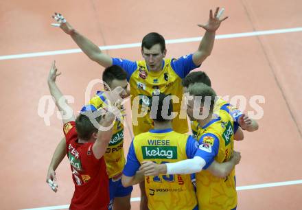 DenizBank AG Volley League Men. Volleyball. SK Posojilnica Aich/Dob gegen SG Union Raiffeisen Waldviertel. Jubel (Aich/Dob). Bleiburg, am 4.4.2018.
Foto: Kuess
---
pressefotos, pressefotografie, kuess, qs, qspictures, sport, bild, bilder, bilddatenbank