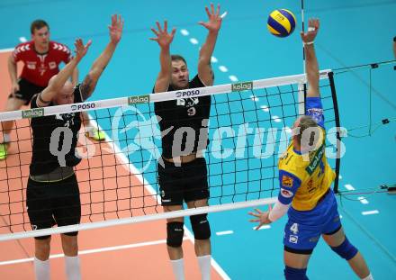 DenizBank AG Volley League Men. Volleyball. SK Posojilnica Aich/Dob gegen SG Union Raiffeisen Waldviertel. Jan Krol, (Aich/Dob), Gil Marcel Keller, Rudinei Boff  (Waldviertel). Bleiburg, am 4.4.2018.
Foto: Kuess
---
pressefotos, pressefotografie, kuess, qs, qspictures, sport, bild, bilder, bilddatenbank