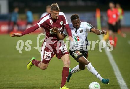 Fussball tipico Bundesliga. RZ Pellets WAC gegen Mattersburg.  Issiaka Ouedraogo,  (WAC), Alois Hoeller (Mattersburg). Wolfsberg, am 7.4.2018.
Foto: Kuess

---
pressefotos, pressefotografie, kuess, qs, qspictures, sport, bild, bilder, bilddatenbank