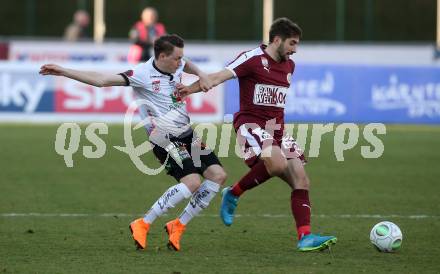 Fussball tipico Bundesliga. RZ Pellets WAC gegen Mattersburg.  Florian Flecker, (WAC), Michael Novak  (Mattersburg). Wolfsberg, am 7.4.2018.
Foto: Kuess

---
pressefotos, pressefotografie, kuess, qs, qspictures, sport, bild, bilder, bilddatenbank