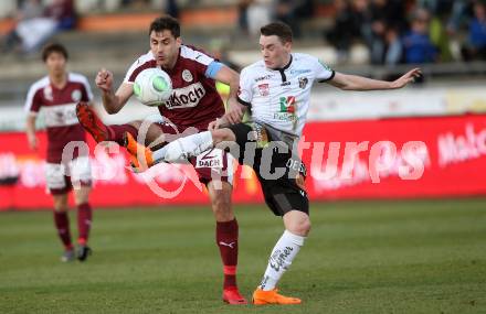 Fussball tipico Bundesliga. RZ Pellets WAC gegen Mattersburg. Florian Flecker,  (WAC), Nedejko Malic (Mattersburg). Wolfsberg, am 7.4.2018.
Foto: Kuess

---
pressefotos, pressefotografie, kuess, qs, qspictures, sport, bild, bilder, bilddatenbank