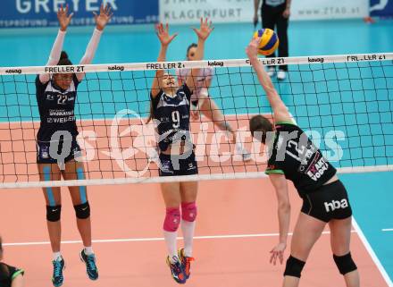 Volleyball. Bundesliga Frauen. Finale. SG Kelag Klagenfurt gegen UVC Holding Graz. Noemi Oiwoh, Alexandra Epure, (Klagenfurt),  Ursula Ehrhart  (Graz). Klagenfurt, am 8.4.2018.
Foto: Kuess
---
pressefotos, pressefotografie, kuess, qs, qspictures, sport, bild, bilder, bilddatenbank