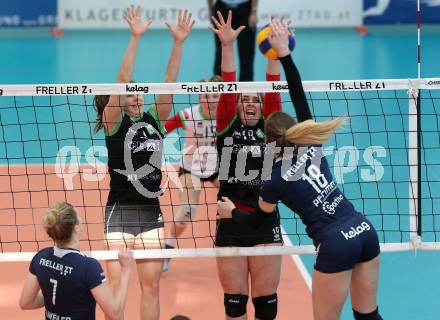 Volleyball. Bundesliga Frauen. Finale. SG Kelag Klagenfurt gegen UVC Holding Graz. Ana Bajic (Klagenfurt), Eva Dumphart, Julia Radl (Graz). Klagenfurt, am 8.4.2018.
Foto: Kuess
---
pressefotos, pressefotografie, kuess, qs, qspictures, sport, bild, bilder, bilddatenbank