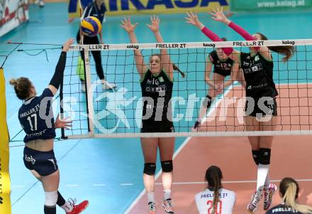 Volleyball. Bundesliga Frauen. Finale. SG Kelag Klagenfurt gegen UVC Holding Graz. Sophie Wallner (Klagenfurt), Maria Witsch, Nina Nesimovic (Graz). Klagenfurt, am 8.4.2018.
Foto: Kuess
---
pressefotos, pressefotografie, kuess, qs, qspictures, sport, bild, bilder, bilddatenbank