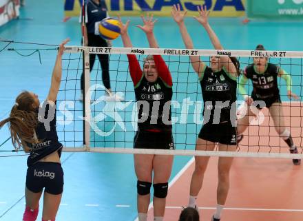 Volleyball. Bundesliga Frauen. Finale. SG Kelag Klagenfurt gegen UVC Holding Graz. Alexandra Epure (Klagenfurt), Julia Radl, Eva Dumphart (Graz). Klagenfurt, am 8.4.2018.
Foto: Kuess
---
pressefotos, pressefotografie, kuess, qs, qspictures, sport, bild, bilder, bilddatenbank