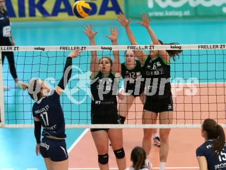 Volleyball. Bundesliga Frauen. Finale. SG Kelag Klagenfurt gegen UVC Holding Graz. Sophie Wallner (Klagenfurt), Maria Witsch, Eva Dumphart (Graz). Klagenfurt, am 8.4.2018.
Foto: Kuess
---
pressefotos, pressefotografie, kuess, qs, qspictures, sport, bild, bilder, bilddatenbank