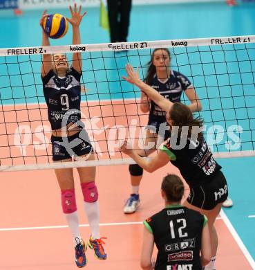 Volleyball. Bundesliga Frauen. Finale. SG Kelag Klagenfurt gegen UVC Holding Graz. Alexandra Epure, (Klagenfurt), Eva Dumphart  (Graz). Klagenfurt, am 8.4.2018.
Foto: Kuess
---
pressefotos, pressefotografie, kuess, qs, qspictures, sport, bild, bilder, bilddatenbank