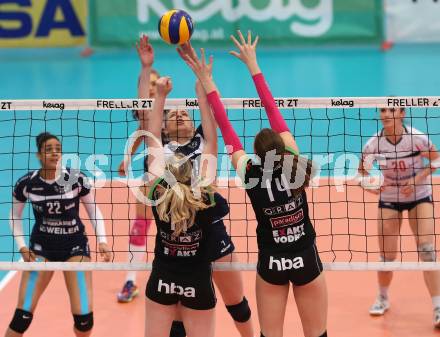 Volleyball. Bundesliga Frauen. Finale. SG Kelag Klagenfurt gegen UVC Holding Graz. Abby Detering (Klagenfurt),  Birgit Ebster-Schwarzenberger, Nina Nesimovic, (Graz). Klagenfurt, am 8.4.2018.
Foto: Kuess
---
pressefotos, pressefotografie, kuess, qs, qspictures, sport, bild, bilder, bilddatenbank
