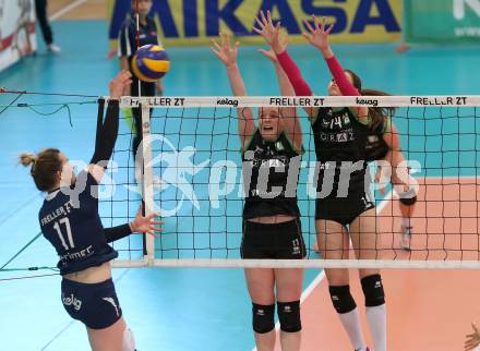 Volleyball. Bundesliga Frauen. Finale. SG Kelag Klagenfurt gegen UVC Holding Graz. Sophie Wallner (Klagenfurt), Birgit Ebster-Schwarzenberger , Nina Nesimovic (Graz). Klagenfurt, am 8.4.2018.
Foto: Kuess
---
pressefotos, pressefotografie, kuess, qs, qspictures, sport, bild, bilder, bilddatenbank
