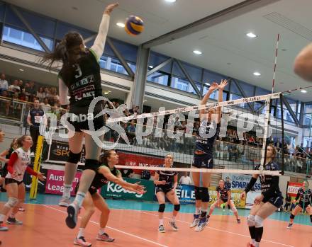 Volleyball. Bundesliga Frauen. Finale. SG Kelag Klagenfurt gegen UVC Holding Graz. Nikolina Bajic, (Klagenfurt), Anja Doerfler  (Graz). Klagenfurt, am 8.4.2018.
Foto: Kuess
---
pressefotos, pressefotografie, kuess, qs, qspictures, sport, bild, bilder, bilddatenbank