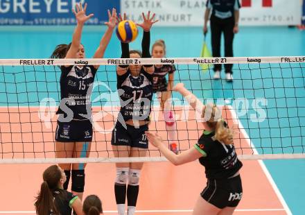 Volleyball. Bundesliga Frauen. Finale. SG Kelag Klagenfurt gegen UVC Holding Graz. Nikolina Bajic, Sophie Wallner, Abby Detering (Klagenfurt),  Birgit Ebster-Schwarzenberger (Graz). Klagenfurt, am 8.4.2018.
Foto: Kuess
---
pressefotos, pressefotografie, kuess, qs, qspictures, sport, bild, bilder, bilddatenbank