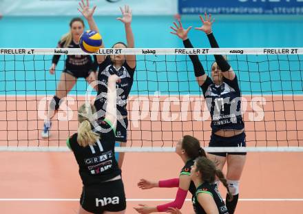 Volleyball. Bundesliga Frauen. Finale. SG Kelag Klagenfurt gegen UVC Holding Graz. Nikolina Bajic, Sophie Wallner (Klagenfurt),  Birgit Ebster-Schwarzenberger  (Graz). Klagenfurt, am 8.4.2018.
Foto: Kuess
---
pressefotos, pressefotografie, kuess, qs, qspictures, sport, bild, bilder, bilddatenbank