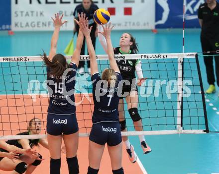 Volleyball. Bundesliga Frauen. Finale. SG Kelag Klagenfurt gegen UVC Holding Graz. Nikolina Bajic, Abby Detering (Klagenfurt), Anja Doerfler (Graz). Klagenfurt, am 8.4.2018.
Foto: Kuess
---
pressefotos, pressefotografie, kuess, qs, qspictures, sport, bild, bilder, bilddatenbank