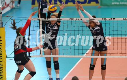 Volleyball. Bundesliga Frauen. Finale. SG Kelag Klagenfurt gegen UVC Holding Graz. Ana Bajic, Noemi Oiwoh (Klagenfurt), Julia Radl  (Graz). Klagenfurt, am 8.4.2018.
Foto: Kuess
---
pressefotos, pressefotografie, kuess, qs, qspictures, sport, bild, bilder, bilddatenbank