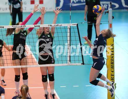 Volleyball. Bundesliga Frauen. Finale. SG Kelag Klagenfurt gegen UVC Holding Graz. Abby Detering (Klagenfurt), Nina Nesimovic, Birgit Ebster-Schwarzenberger  (Graz). Klagenfurt, am 8.4.2018.
Foto: Kuess
---
pressefotos, pressefotografie, kuess, qs, qspictures, sport, bild, bilder, bilddatenbank