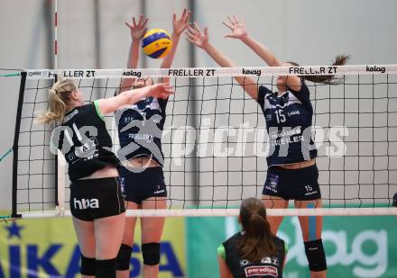 Volleyball. Bundesliga Frauen. Finale. SG Kelag Klagenfurt gegen UVC Holding Graz. Abby Detering, Nikolina Bajic, (Klagenfurt), Birgit Ebster-Schwarzenberger  (Graz). Klagenfurt, am 8.4.2018.
Foto: Kuess
---
pressefotos, pressefotografie, kuess, qs, qspictures, sport, bild, bilder, bilddatenbank