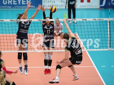 Volleyball. Bundesliga Frauen. Finale. SG Kelag Klagenfurt gegen UVC Holding Graz. Nikolina Bajic, Sophie Wallner,  (Klagenfurt), Ursula Ehrhart (Graz). Klagenfurt, am 8.4.2018.
Foto: Kuess
---
pressefotos, pressefotografie, kuess, qs, qspictures, sport, bild, bilder, bilddatenbank