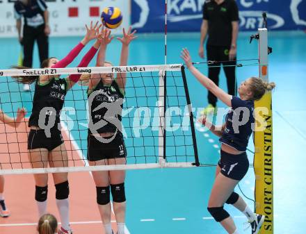 Volleyball. Bundesliga Frauen. Finale. SG Kelag Klagenfurt gegen UVC Holding Graz. Abby Detering (Klagenfurt), Nina Nesimovic, Birgit Ebster-Schwarzenberger   (Graz). Klagenfurt, am 8.4.2018.
Foto: Kuess
---
pressefotos, pressefotografie, kuess, qs, qspictures, sport, bild, bilder, bilddatenbank