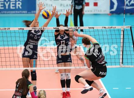 Volleyball. Bundesliga Frauen. Finale. SG Kelag Klagenfurt gegen UVC Holding Graz. Nikolina Bajic, Sophie Wallner, (Klagenfurt),   Ursula Ehrhart  (Graz). Klagenfurt, am 8.4.2018.
Foto: Kuess
---
pressefotos, pressefotografie, kuess, qs, qspictures, sport, bild, bilder, bilddatenbank
