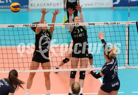 Volleyball. Bundesliga Frauen. Finale. SG Kelag Klagenfurt gegen UVC Holding Graz. Ana Bajic (Klagenfurt), Eva Dumphart, Anja Doerfler (Graz). Klagenfurt, am 8.4.2018.
Foto: Kuess
---
pressefotos, pressefotografie, kuess, qs, qspictures, sport, bild, bilder, bilddatenbank