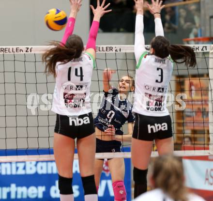 Volleyball. Bundesliga Frauen. Volley League Women. SG Kelag Klagenfurt gegen UVC Holding Graz. Alexandra Epure (Klagenfurt),Nina Nesimovic, Anja Doerfler (Graz). Klagenfurt, am 14.4.2018.
Foto: Kuess
---
pressefotos, pressefotografie, kuess, qs, qspictures, sport, bild, bilder, bilddatenbank