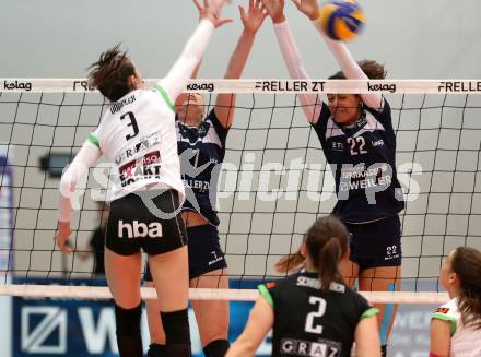 Volleyball. Bundesliga Frauen. Volley League Women. SG Kelag Klagenfurt gegen UVC Holding Graz. Abby Detering, Noemi Oiwoh (Klagenfurt), Anja Doerfler (Graz). Klagenfurt, am 14.4.2018.
Foto: Kuess
---
pressefotos, pressefotografie, kuess, qs, qspictures, sport, bild, bilder, bilddatenbank