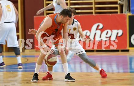 Basketball 2. Bundesliga. Playdown. 4. Runde. Woerthersee Piraten gegen Basket2000 Vienna Warriors. Lukas Simoner,  (Piraten), Aleksandar Trivan (Basket2000 Vienna Warriors). Klagenfurt, am 14.4.2018.
Foto: Kuess
---
pressefotos, pressefotografie, kuess, qs, qspictures, sport, bild, bilder, bilddatenbank