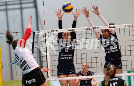 Volleyball. Bundesliga Frauen. Volley League Women. SG Kelag Klagenfurt gegen UVC Holding Graz. Ana Bajic, Noemi Oiwoh, (Klagenfurt), Julia Radl  (Graz). Klagenfurt, am 14.4.2018.
Foto: Kuess
---
pressefotos, pressefotografie, kuess, qs, qspictures, sport, bild, bilder, bilddatenbank