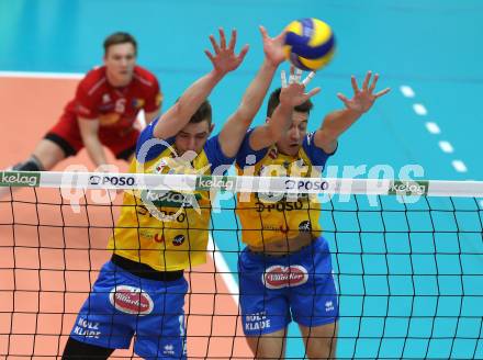 Volleyball Bundesliga Herren. DenitBank AG Volley League Men. SK Posojilnica Aich/Dob gegen SG Union Raiffeisen Waldviertel. Mario Koncilja, Michal Petras (Aich/Dob). Bleiburg, am 15.4.2018.
Foto: Kuess
---
pressefotos, pressefotografie, kuess, qs, qspictures, sport, bild, bilder, bilddatenbank