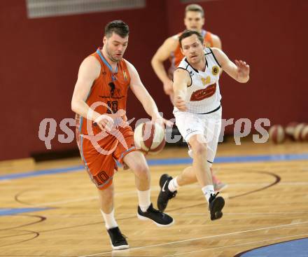 Basketball 2. Bundesliga. Playdown. 4. Runde. Woerthersee Piraten gegen Basket2000 Vienna Warriors. Jan-Arne Apschner, (Piraten),   Aleksandar Trivan (Basket2000 Vienna Warriors). Klagenfurt, am 14.4.2018.
Foto: Kuess
---
pressefotos, pressefotografie, kuess, qs, qspictures, sport, bild, bilder, bilddatenbank