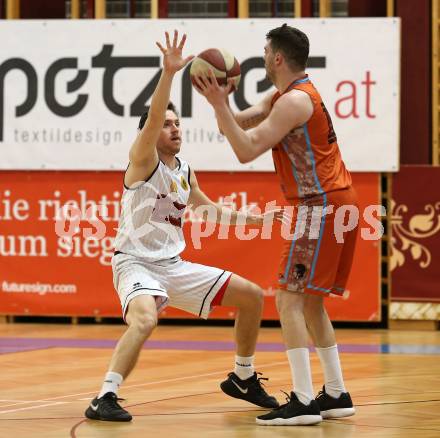 Basketball 2. Bundesliga. Playdown. 4. Runde. Woerthersee Piraten gegen Basket2000 Vienna Warriors. Jan-Arne Apschner,  (Piraten), Aleksandar Trivan (Basket2000 Vienna Warriors). Klagenfurt, am 14.4.2018.
Foto: Kuess
---
pressefotos, pressefotografie, kuess, qs, qspictures, sport, bild, bilder, bilddatenbank