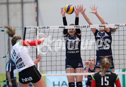 Volleyball. Bundesliga Frauen. Volley League Women. SG Kelag Klagenfurt gegen UVC Holding Graz. Ana Bajic, Nikolina Bajic,  (Klagenfurt),  Julia Radl (Graz). Klagenfurt, am 14.4.2018.
Foto: Kuess
---
pressefotos, pressefotografie, kuess, qs, qspictures, sport, bild, bilder, bilddatenbank