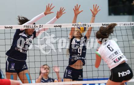 Volleyball. Bundesliga Frauen. Volley League Women. SG Kelag Klagenfurt gegen UVC Holding Graz. Noemi Oiwoh, Alexandra Epure (Klagenfurt), Eva Dumphart (Graz). Klagenfurt, am 14.4.2018.
Foto: Kuess
---
pressefotos, pressefotografie, kuess, qs, qspictures, sport, bild, bilder, bilddatenbank