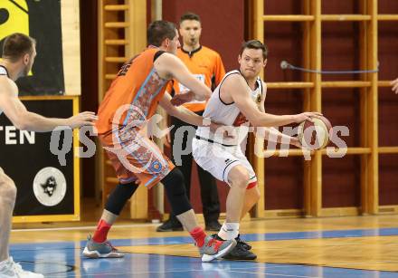 Basketball 2. Bundesliga. Playdown. 4. Runde. Woerthersee Piraten gegen Basket2000 Vienna Warriors. Jan-Arne Apschner, (Piraten), Christopher Ruzicka  (Basket2000 Vienna Warriors). Klagenfurt, am 14.4.2018..
Foto: Kuess
---
pressefotos, pressefotografie, kuess, qs, qspictures, sport, bild, bilder, bilddatenbank