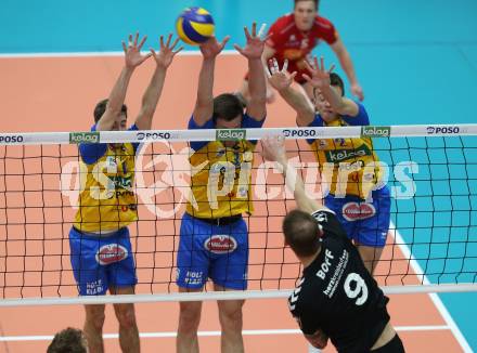 Volleyball Bundesliga Herren. DenitBank AG Volley League Men. SK Posojilnica Aich/Dob gegen SG Union Raiffeisen Waldviertel. Christian Rainer, Michal Hruska, Michal Petras,   (Aich/Dob), Rudinei Boff (Waldviertel). Bleiburg, am 14.4.2018.
Foto: Kuess
---
pressefotos, pressefotografie, kuess, qs, qspictures, sport, bild, bilder, bilddatenbank