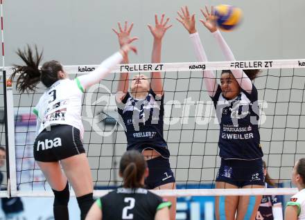 Volleyball. Bundesliga Frauen. Volley League Women. SG Kelag Klagenfurt gegen UVC Holding Graz. Abby Detering, Noemi Oiwoh (Klagenfurt), Anja Doerfler (Graz). Klagenfurt, am 14.4.2018.
Foto: Kuess
---
pressefotos, pressefotografie, kuess, qs, qspictures, sport, bild, bilder, bilddatenbank