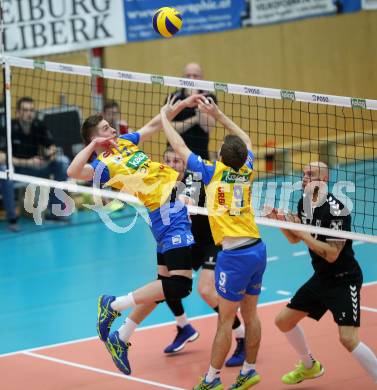 Volleyball Bundesliga Herren. DenitBank AG Volley League Men. SK Posojilnica Aich/Dob gegen SG Union Raiffeisen Waldviertel. Mario Koncilja, Christian Rainer (Aich/Dob), Gil Marcel Keller  (Waldviertel). Bleiburg, am 15.4.2018.
Foto: Kuess
---
pressefotos, pressefotografie, kuess, qs, qspictures, sport, bild, bilder, bilddatenbank