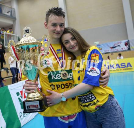 Volleyball Bundesliga Herren. DenitBank AG Volley League Men. SK Posojilnica Aich/Dob gegen SG Union Raiffeisen Waldviertel. Jubel  Michal Petras (Meister Aich/Dob). Bleiburg, am 15.4.2018.
Foto: Kuess
---
pressefotos, pressefotografie, kuess, qs, qspictures, sport, bild, bilder, bilddatenbank