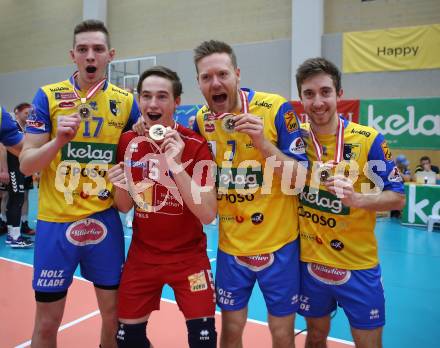 Volleyball Bundesliga Herren. DenitBank AG Volley League Men. SK Posojilnica Aich/Dob gegen SG Union Raiffeisen Waldviertel. Jubel  Mario Koncilja, Marco Robinig, Kasper Vuorinen, Christian Rainer (Meister Aich/Dob). Bleiburg, am 15.4.2018.
Foto: Kuess
---
pressefotos, pressefotografie, kuess, qs, qspictures, sport, bild, bilder, bilddatenbank